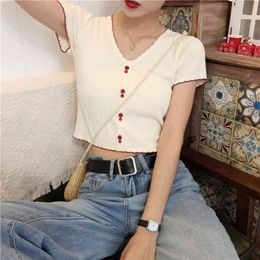 T-shirts Women Knitted Cute Crop Tees Female Buttoned Up V-Neck Solid Short Sleeve Casual Summer For 210607