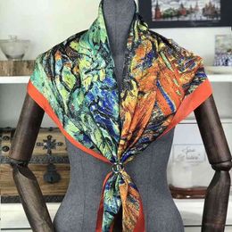 -Luxo 100% real lenço de seda para senhoras designer de marca primavera outono van gogh pintura a óleo quadrado lenços envoltórios