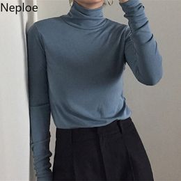 Neploe 2021 Autumn Winter New Long Sleeve Thin T Shirt Women Bottom Half High Neck Solid Tees Simple Poleras Mujer De Moda 46536 210315