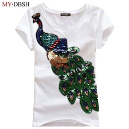 Fashion Women Elegant Peacock O Neck T shirt Femal Sequins Embroidery T-shirt Casual Top Tees Plus Size S-4XL 210623