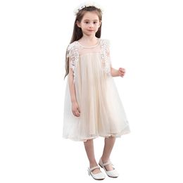 Cute Girl Kid's Clothing New Summer 2020 Korean Beige Lace Decorative Mesh Princess Dress 3 To 14 Years Birthday Clothing Q0716