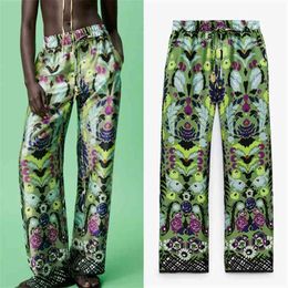 TRAF Za Wide Pants For Women Green Print Woman Vintage Loose High Waist Trousers Female Summer Casual Pant Streetwear 210925