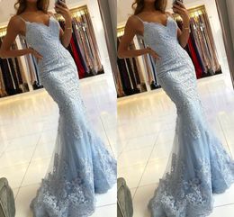 2022 Luxurious Baby Blue Prom Dresses Mermaid Evening Gowns Lace Beads Applique Spaghetti Beaded Staps Sexy U Open Back Party Graduation