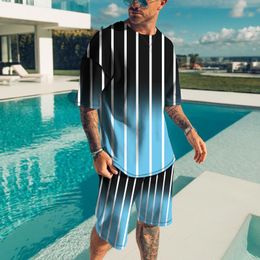 Men's Tracksuits Summer Men Sets Tracksuit Fashion Clothing For Man Striped Grid Casual 2022 Short Sleeve T Shirt+Shorts 2 Piece Male Tshirt