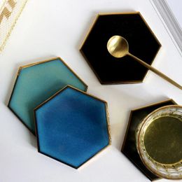 Ceramic Coaster Nordic Hexagon Gold-plated Placemat Insulation Coaster Porcelain Mats Pads Dining Table Decoration