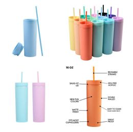 16oz Acrylic Straight Slim Tumbler Matte Colored Double Wall 500ml Plastic Tumblers Coffee Drinking Sippy Cup Reusable Mug With Lids & Free Straws