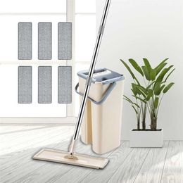 Flat Mop With Bucket Hand Free Lazy Washing 360 Spin Scratch Squeeze Mop With Microfiber Pads For Household Cleaning Tools 211215