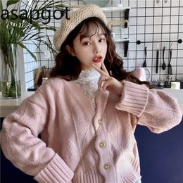 Autumn Winter Clothes Women Sweet V Neck Cardigan Full Sleeve Knit Women Sweater Loose White Christmas Sweater Cardigan Pink 210218