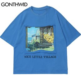 GONTHWID T-Shirts Streetwear Embroidery Letter Vintage Painting Patchwork Short Sleeve Tees Shirts Hip Hop Harajuku Casual Tops C0315