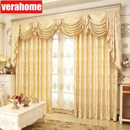 European Luxury Blackout Gold windows treatment Curtain for living room bedroom flower tulle valance 211203