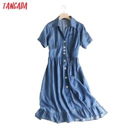 Tangada women denim dress pleated tunic turn down collar short Sleeve Ladies elegant midi Dress Vestidos 2P11 210609