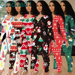 Women Jumpsuits Designer Christmas Slim Sexy Large Neckline Long Sleeve Tight Pattern Printed Hollow Strap Design Rompers S-5XL 6 Colours