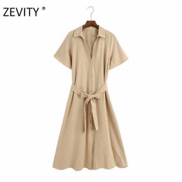 Zevity Women simply solid Colour breasted shirt dress office lady short sleeve bow tied sashes vestidos party midi Dresses DS4200 210603