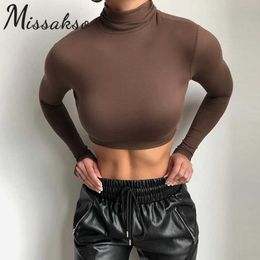 Missakso Sexy Skinny Turtleneck Crop Top Long Sleeve Spring Autumn Women Black White Casual Basic Top T Shirts Party Brown 210625