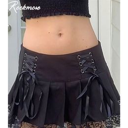 Rockmore High Waist Pleated Skirts For Women Criss Cross Bandage Short Black Skirt Gothic Lace Sexy Y2K Aesthetic Skirts Club 210310