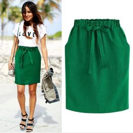 New Spring Summer Elegant Midi Skirts Womens Office Pencil Skirt Cotton Elastic Waist Package Hip Skirt Bow Skirt Green 210310