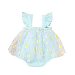 Summer Baby Casual Romper Set Infant Girl Flare Sleeve Daisy Print Bodysuit Net Yarn Dress+Headband Jumpsuit Or 0-18M Toddler Ki Clothing Se
