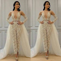 Evening 2021 Dresses Jumpsuit Long Sleeves Lace Illusion Sheer Neck with Overskirt Tulle Custom Made Celebrity Party Prom Ball Gown Vestido