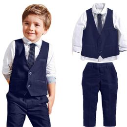 toddler shirt tie NZ - Clothing Sets 1Set Toddler Kids Boy Clothes Gentleman Wedding Suits Shirts+Waistcoat+Long Pants+Tie Outfits Children's Suit