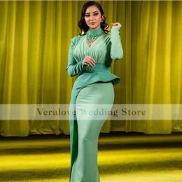 Green Mermaid Evening Dresses High Neck Plus Size Beads Crystal Long Sleeves Formal Gown Women Aso Ebi Prom Party Wears