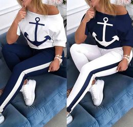 2020 European and American hot selling women's clothing printed anchor mid-sleeve round neck sports suit 9541#