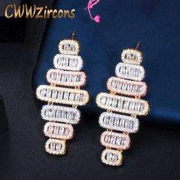 Geometric Dangle Drop Baguette Cubic Zirconia Earrings 3 Tone Rose Gold Silver Plated Wedding Banquet Jewelry CZ715 210714