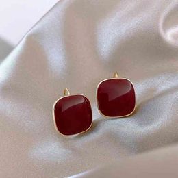 Charms Ear Stud Clip rings S925 Silver Needle Artistic Temperament Morandi Colour Fashion Net Red Simple Wine Square