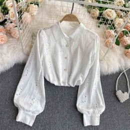 Women's Shirt Korean Fashion Puff Sleeve Lapel Collar Floral Lace Embroidery Hollow Out Single Breasted Loose Blouse 210603