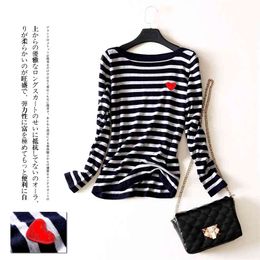 Cashmere women Stripes sweater Spring and Autumn Long-sleeved Slim Embroidery Peach Heart Sweater 210918
