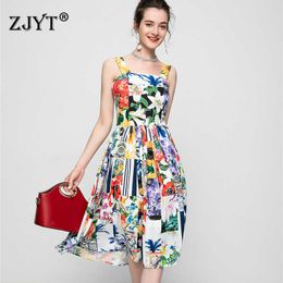 Summer Fashion Women Runway Designers Vintage Floral Print Spaghetti Strap Holiday Dress Party Robe Femme Beach Vestidos 210601