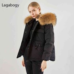 Lagabogy Winter Coat Women Huge Real Natural Fur Waterproof Warm Parka Female 90%White Duck Down Jacket Hooded Outwear 211130