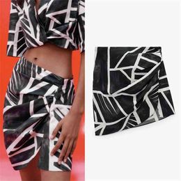 Za Women's Skirt High Waist Mini s Woman Fashion Black Print Gathered Asymmetric Hem Summer With Side Slit Zip 210629