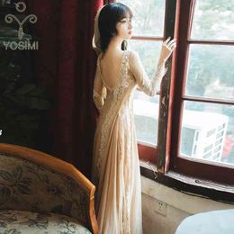 YOSIMI Women Dress Summer Elegant Lace Long Beige Chiffon O-neck Sleeve Ankle-Length Lackless Sexy Party 210604