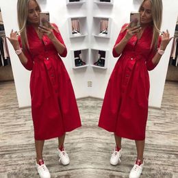 2020 Women Autumn Casual Sashes A Line Dresses Office Ladies Button Seven Sleeve Solid Dress Women Vintage Elegant Party Dress