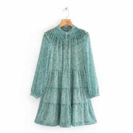 Women elegant stand collar agaric lace flower print casual loose mini dress Ladies pleated vestidos chic Dresses DS3464 210603