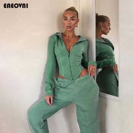 Cotton Solid Matching Sets 2020 Women Autumn Full Sleeve Zipper Open Stitch Tops+Pants Outfits Fashion Casual Two Piece Set Y0625