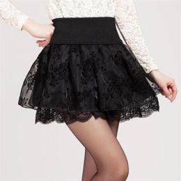 Zuolunouba Summer Skirt Preppy Style Flower Bow Mini Tutu Skirt Elasticity Lace Skirts Shorts Woman High Waist Large Size 210310