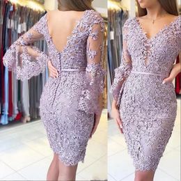 2021 Sexy Women Cocktail Dresses V Neck Lilac Long Sleeves Sheath Prom Dress Knee Length Lace Appliques Beads Party Dress Plus Size Formal Homecoming Gowns