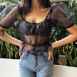 Women's Blouses & Shirts Summer Women Mesh Tulle Blouse Sweet Lady Girl Puff Short Sleeve Bandage Transparent Shirt Cropped Beach Tops See-t