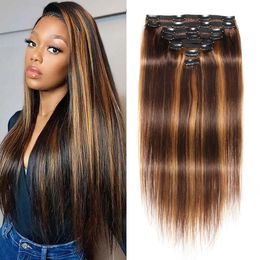 Highlight Honey Blonde Clip In Extensions Panio Color 4/27 Straight Human Hair Brazilian Virgin Clip On Ombre Weaves 8pcs 120g/set For Black Women