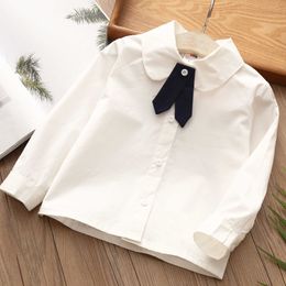 Spring Autumn 3 4 6 8 10 12 Years All Match Formal Long Sleeve Cotton White Solid Colour Kids Girls Bowtie Blouses Shirt 210529