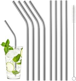 Stainless Steel Drinking Straw Food Grade Straight and Bend Metal Straws Reusable Extra Long Cleaning Brush for Kitchen Bar Use