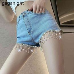 Tassel Diamond Denim Shorts Women High Waist Summer Jeans Casual Fashion Wide Leg Slim Female 210601