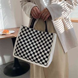 Shopping Bags Women s Canvas Handbag Small Cheque Large Capacity Square Casual for Female New Summer Simple Plaid Shoulder Beach Bag 220309