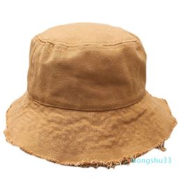 Korean Women Sunscreen Cotton Bucket Hat Vintage Frayed Tassels Wide Brim Solid Colour Packable Fisherman Cap