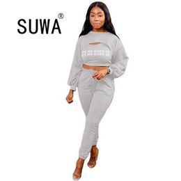 Tracksuit For Women Two Piece Set Letter Long Sleeve Sexy Crop Top + High Waist Joggers Pants Trousers Club Outfits 210525