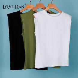 Women Cotton Shoulder Padded T-Shirt O-Neck Sleeveless Solid Female Korean T-Shirts New Summer Casual Loose Ladies Tops 210302