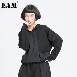 [EAM] Women Black Pocket Split Joint Drawstring Big Size T-shirt New Hooded Long Sleeve Fashion Tide Spring Autumn 2021 1Y772 210302