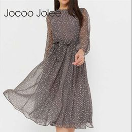 Jocoo Jolee Women Mesh Printing Lace Spring Chiffon Pleated Sexy O-Neck Long Sleeve Lace Up Wave Point Loose Casual Maxi Dress 210619
