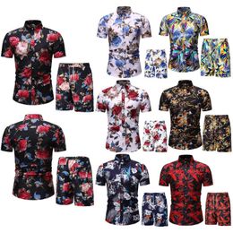 Men Hawaiian Sets Printing 2021 Summer Short Sleeve Button Shirt Beach Shorts Streetwear Casual Mens Suit 2 Pieces Men's Sets X0909